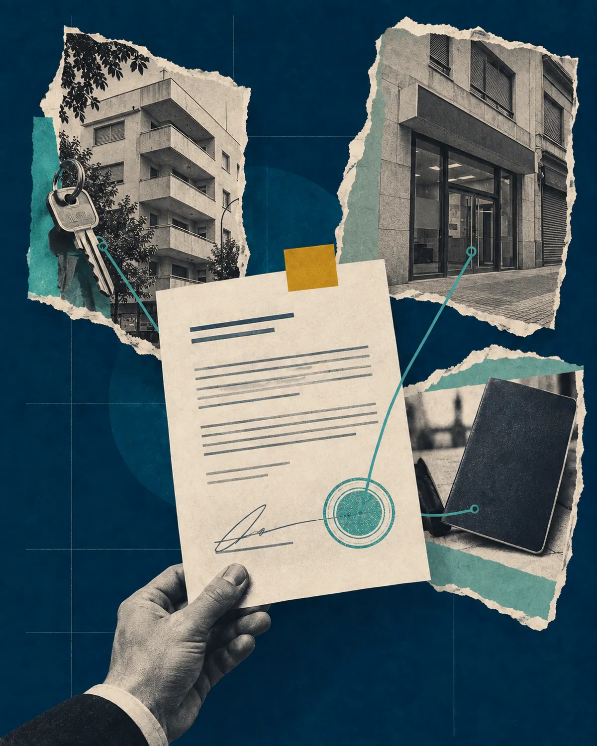 Collage de un certificado de ingresos firmado y sellado, rodeado de referencias a alquiler, banco y trámite migratorio.