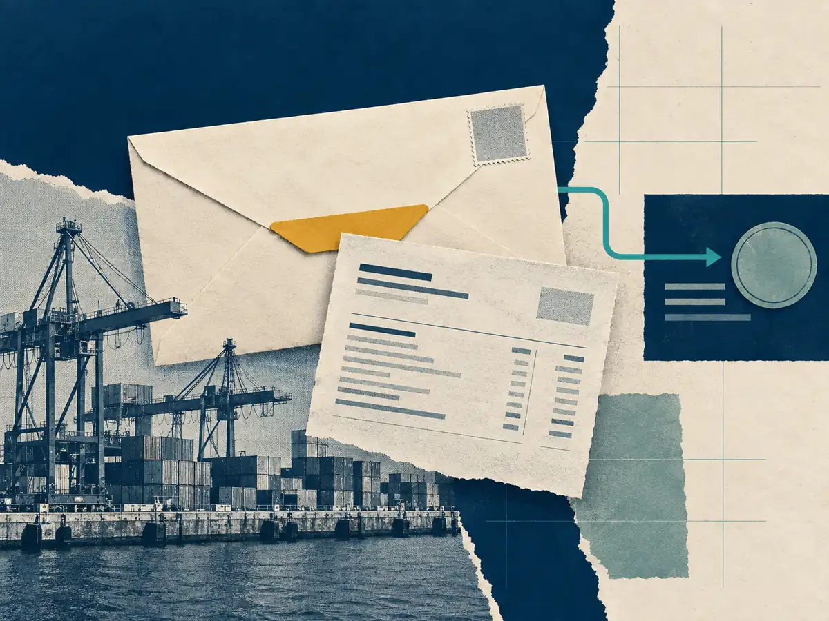 Sobre del exterior y documentación bancaria junto a un recorte portuario.
